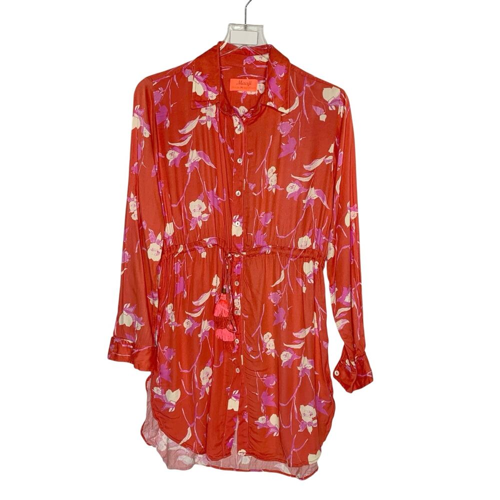 MAAJI Long Sleeve Shirt Dress M Windflower Print Red Pink Cover Up Resort Travel